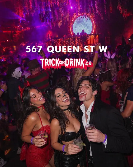 The crowd at 567 Queen St W on a Halloween crawl
